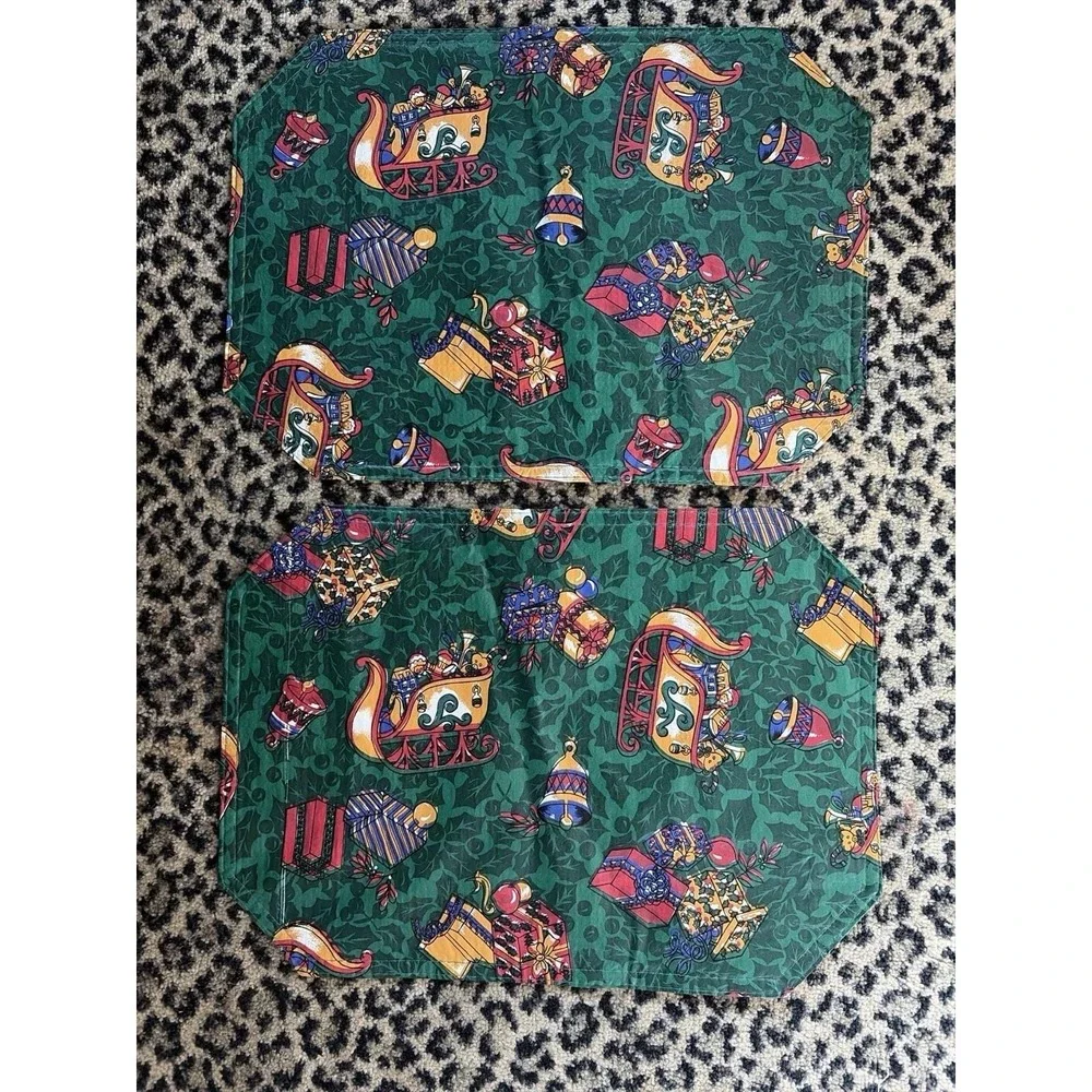 VTG Christmas Vinyl Placemats Set of‎ 2 Sleigh Toys Holiday Retro Green 80s/90s